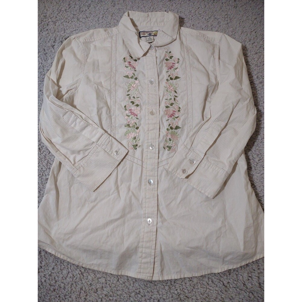 Caribbean Joe Women's Button Down M Cottagecore 3/4 Sleeve Floral Embroidery